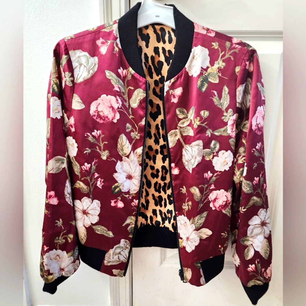 Alice + olivia Reversible Blouson Flower Pattern/Leopard Pattern Bomber Jacket - Picture 2 of 10